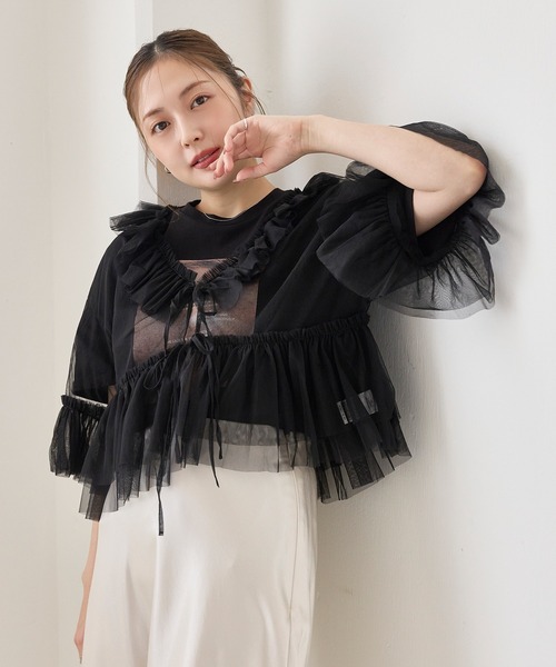 en CAnAF(エンカナフ)の「チュール フリル リボン ブラウス(シャツ/ブラウス・レディース・ブラック/アイボリー・フリー)」の1枚目の写真