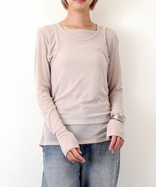 STYLEBLOCK(スタイルブロック)の「シアーリブタンクセットトップス(Tシャツ/カットソー・レディース・ホワイト/ブラック/ベージュ/グレー/イエロー・M)」の1枚目の写真