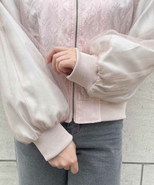 F i.n.t（フィント）の「チュールスリーブジャガードブルゾン/fint　フィント（ブルゾン・レディース・アイボリー/ライトピンク・FREE）」の13枚目の写真