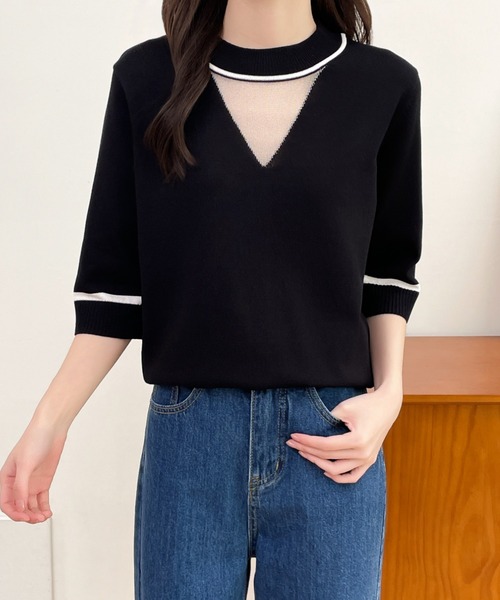 ABITOKYO(アビトーキョー)の「フロントシアードッキング配色ラインニットプルオーバー(ニット/セーター・レディース・ブラック/ベージュ/ネイビー・M/L)」の1枚目の写真