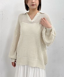 透かしスキッパーポロニット