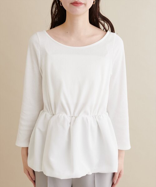 natural couture(ナチュラルクチュール)の「【大人ナチュ】バルーンヘム×リブトップス(Tシャツ/カットソー・レディース・オフホワイト/ブラック・FREE)」の12枚目の写真