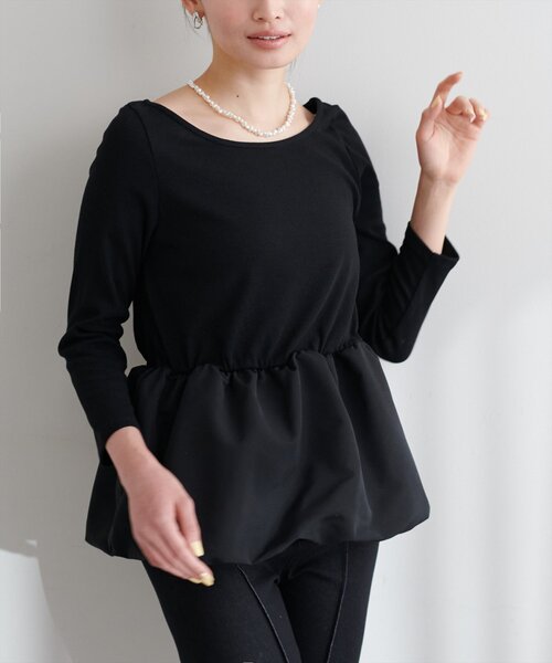 natural couture(ナチュラルクチュール)の「【大人ナチュ】バルーンヘム×リブトップス(Tシャツ/カットソー・レディース・オフホワイト/ブラック・FREE)」の7枚目の写真