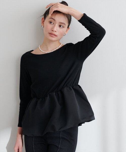 natural couture(ナチュラルクチュール)の「【大人ナチュ】バルーンヘム×リブトップス(Tシャツ/カットソー・レディース・オフホワイト/ブラック・FREE)」の8枚目の写真