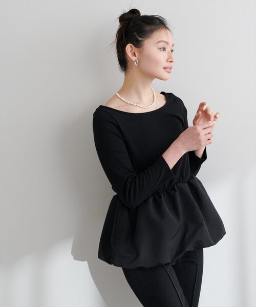 natural couture(ナチュラルクチュール)の「【大人ナチュ】バルーンヘム×リブトップス(Tシャツ/カットソー・レディース・オフホワイト/ブラック・FREE)」の9枚目の写真