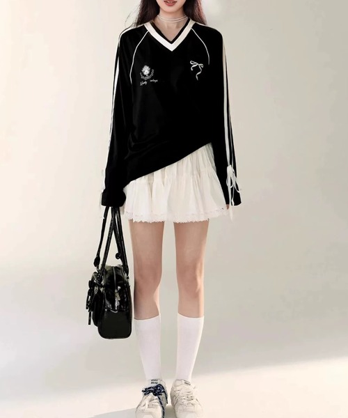 Sibra（シブラ）の「リボンパイピングロングスリーブトップス（スウェット・レディース・ホワイト/ブラック・M）」の5枚目の写真
