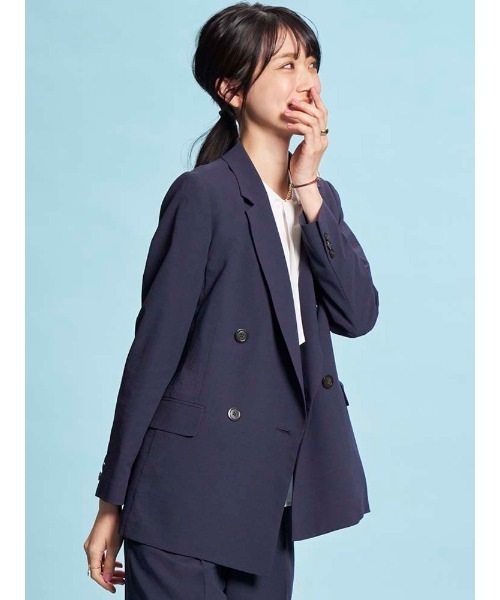 Perfect Suit FActory(パーフェクトスーツファクトリー)の「【洗える・ストレッチ・超軽量】羽衣ブリージングサッカーダブルジャケット・ワイドパンツセットアップ ブラウン/ネイビー(スーツセット・レディース・ネイビー/ブラウン・7号/9号/11号/13号)」の6枚目の写真