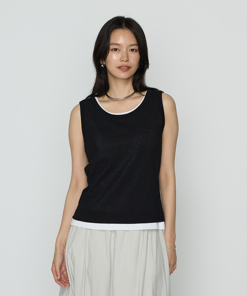 K.T KIYOKO TAKASE（キヨコタカセ）の「強撚ガステレコ／オーガニック レイヤードタンクトップ（タンクトップ・レディース・ベージュ/ブラック×ホワイト/ネイビー・9号）」の5枚目の写真