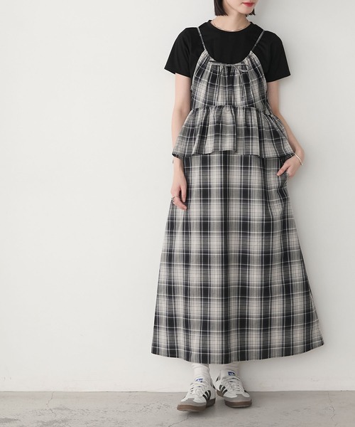 AULAデニム チェック柄ワンピース リサイクルマーク付き 矢野未希子さん着用】デニムステッチワンピース