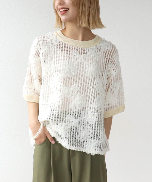 セール】テープ刺繍編みリブクループルオーバー（Tシャツ