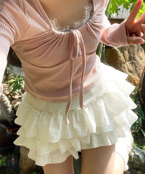 THE HITSS（ヒッツ）の「【インパン裏地あり】フリル レイヤード ティアード ボリューム ミニスカート スカパン（スカート・レディース・ホワイト/ブラック・FREE）」の3枚目の写真
