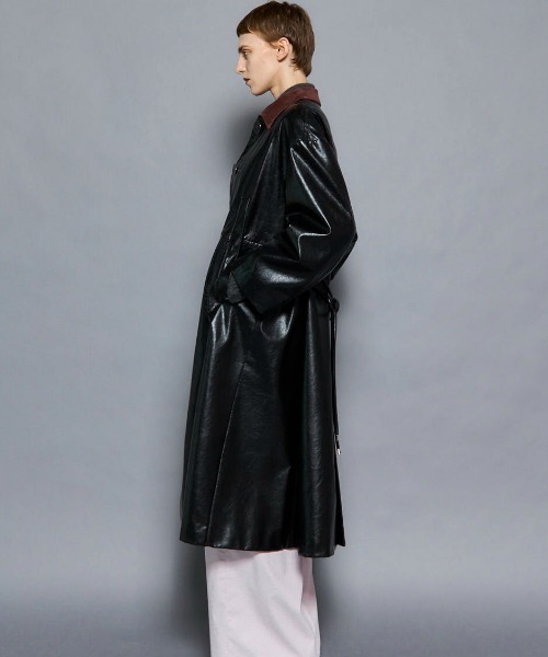 セール】Vegan Leather Balmacaan Coat/ヴィーガンレザーステンカラー