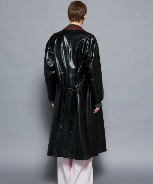 セール】Vegan Leather Balmacaan Coat/ヴィーガンレザーステンカラー