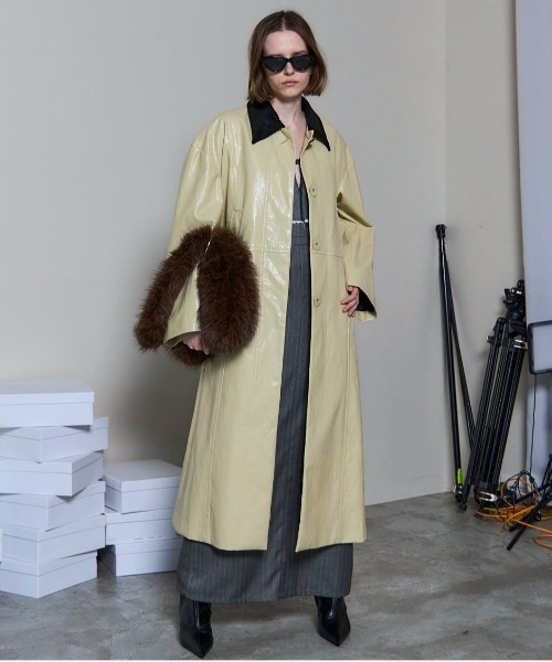 セール】Vegan Leather Balmacaan Coat/ヴィーガンレザーステンカラー