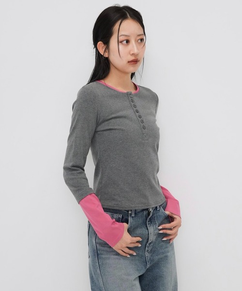 Enewd nina（エニュードニーナ）の「ZOZO限定 大人気 ハーフボタン レイヤード風 ロングTシャツ トレンド  グレー×ピンク　カラー【今期新発売】（Tシャツ/カットソー・レディース・ピンク・FREE）」の19枚目の写真