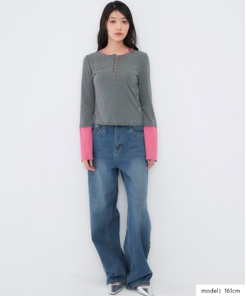 Enewd nina（エニュードニーナ）の「ZOZO限定 大人気 ハーフボタン レイヤード風 ロングTシャツ トレンド  グレー×ピンク　カラー【今期新発売】（Tシャツ/カットソー・レディース・ピンク・FREE）」の5枚目の写真