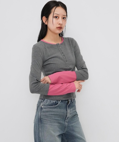 Enewd nina（エニュードニーナ）の「ZOZO限定 大人気 ハーフボタン レイヤード風 ロングTシャツ トレンド  グレー×ピンク　カラー【今期新発売】（Tシャツ/カットソー・レディース・ピンク・FREE）」の18枚目の写真