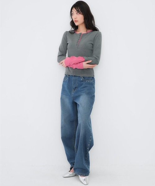 Enewd nina（エニュードニーナ）の「ZOZO限定 大人気 ハーフボタン レイヤード風 ロングTシャツ トレンド  グレー×ピンク　カラー【今期新発売】（Tシャツ/カットソー・レディース・ピンク・FREE）」の6枚目の写真