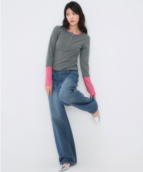 Enewd nina（エニュードニーナ）の「ZOZO限定 大人気 ハーフボタン レイヤード風 ロングTシャツ トレンド  グレー×ピンク　カラー【今期新発売】（Tシャツ/カットソー・レディース・ピンク・FREE）」の7枚目の写真