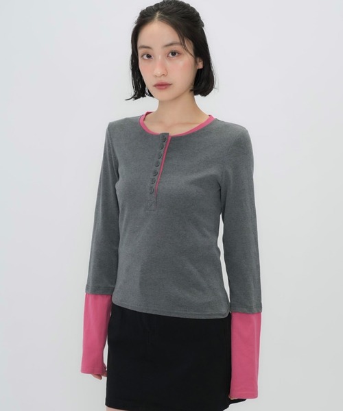 Enewd nina（エニュードニーナ）の「ZOZO限定 大人気 ハーフボタン レイヤード風 ロングTシャツ トレンド  グレー×ピンク　カラー【今期新発売】（Tシャツ/カットソー・レディース・ピンク・FREE）」の3枚目の写真