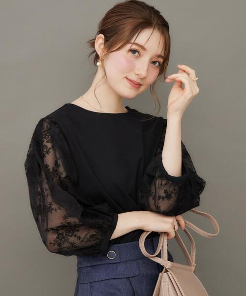 couture brooch(クチュールブローチ)の「【接触冷感・UVカット・マシンウォッシャブル】袖レースドッキングカットソー(Tシャツ/カットソー・レディース・オフホワイト/ナチュラル/ブラック・40/42/36/38)」の3枚目の写真