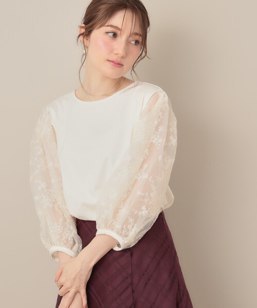 couture brooch(クチュールブローチ)の「【接触冷感・UVカット・マシンウォッシャブル】袖レースドッキングカットソー(Tシャツ/カットソー・レディース・オフホワイト/ナチュラル/ブラック・40/42/36/38)」の21枚目の写真