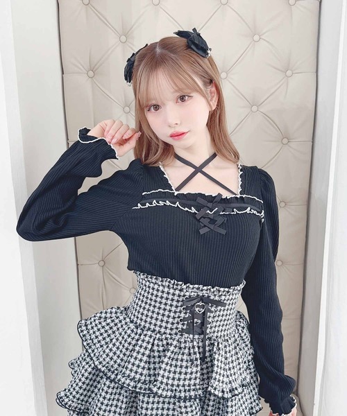 MA*RS（アメーバーマーズ）の「フリルリボンテレコトップス（Tシャツ/カットソー・レディース・ブラック/ピンク/ホワイト/ブラック×ブラック/グレー/ピンク系その他/ホワイト×ホワイト・FREE）」の4枚目の写真