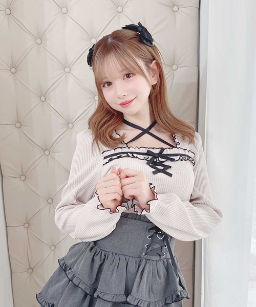 MA*RS（アメーバーマーズ）の「フリルリボンテレコトップス（Tシャツ/カットソー・レディース・ブラック/ピンク/ホワイト/ブラック×ブラック/グレー/ピンク系その他/ホワイト×ホワイト・FREE）」の7枚目の写真