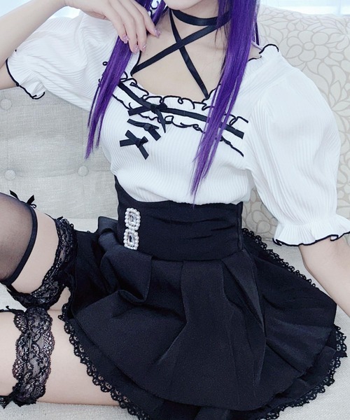 MA*RS（アメーバーマーズ）の「フリルリボンテレコトップス（Tシャツ/カットソー・レディース・ブラック/ピンク/ホワイト/ブラック×ブラック/グレー/ピンク系その他/ホワイト×ホワイト・FREE）」の2枚目の写真