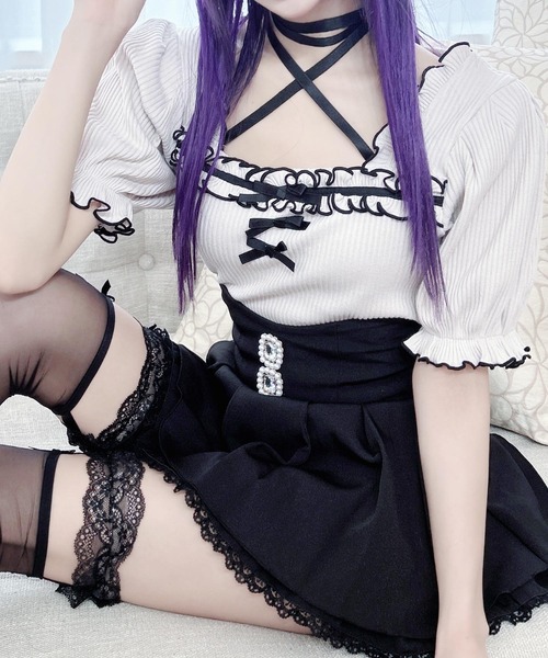 MA*RS（アメーバーマーズ）の「フリルリボンテレコトップス（Tシャツ/カットソー・レディース・ブラック/ピンク/ホワイト/ブラック×ブラック/グレー/ピンク系その他/ホワイト×ホワイト・FREE）」の6枚目の写真