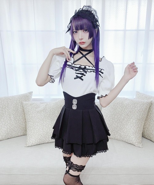 MA*RS（アメーバーマーズ）の「フリルリボンテレコトップス（Tシャツ/カットソー・レディース・ブラック/ピンク/ホワイト/ブラック×ブラック/グレー/ピンク系その他/ホワイト×ホワイト・FREE）」の9枚目の写真