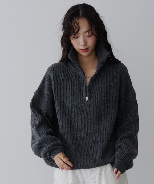 NUJOH(ヌゾ)の「Half-Zip Ribbed Knit Pullover /ハーフジップリブ ニット プルオーバー(ニット/セーター・レディース・ブラウン/ベージュ/チャコールグレー・FREE)」の7枚目の写真