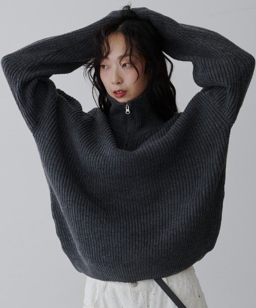 NUJOH(ヌゾ)の「Half-Zip Ribbed Knit Pullover /ハーフジップリブ ニット プルオーバー(ニット/セーター・レディース・ブラウン/ベージュ/チャコールグレー・FREE)」の8枚目の写真