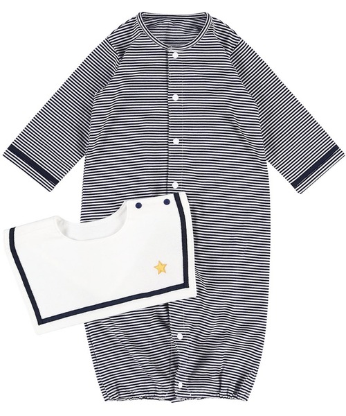WACOAL KIDS BABY（ワコールキッズベイビー）の「ワコールベビー　プレオール　長袖　スタイ付き（ベビーパジャマ/スリーパー・キッズ・ベージュ/ネイビー・50-70/70-80）」の2枚目の写真