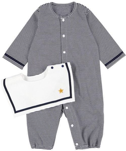 WACOAL KIDS BABY（ワコールキッズベイビー）の「ワコールベビー　プレオール　長袖　スタイ付き（ベビーパジャマ/スリーパー・キッズ・ベージュ/ネイビー・50-70/70-80）」の7枚目の写真