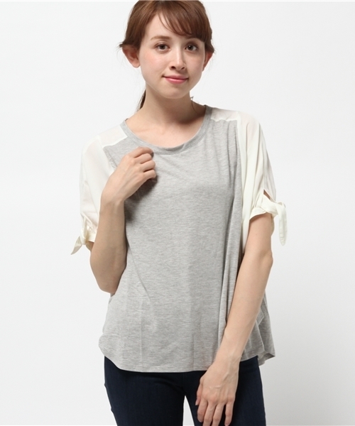 OUTLET(アウトレット)の「【Discoat】布帛切替袖リボンP/O(Tシャツ/カットソー・レディース・オフホワイト/杢グレー・MEDIUM/LARGE)」の2枚目の写真
