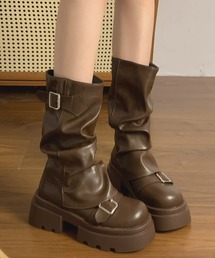 A'GEM/9 × .kom 『.KOM/ドットケーオーエム』 Y2K Chunky Platform Ruched Boots/【Y2K】ルーズシルエット厚底ブーツ