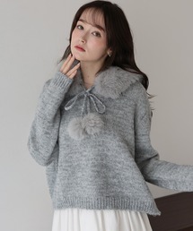 BLUEEAST | ポンポン付きファーフードニット(パーカー)