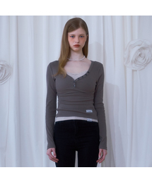 V-neck Button Long Sleeve [Brown]