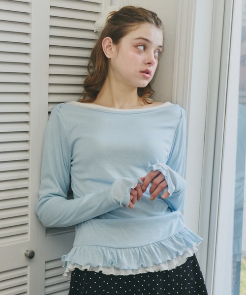 idem(イデム)の「【 ZOZO限定 】frill sheer long sleeve tops / 裾フリルシアートップス(Tシャツ/カットソー・レディース・オフホワイト/ブルー・FREE)」の1枚目の写真