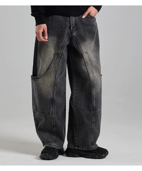 セール】アウトポケットカーブドボリュームデニムパンツ（ブラック