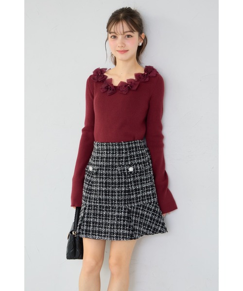 tocco closet(トッコ クローゼット)の「インナーパンツ付きパール飾り釦ラメループツイードミニスカート(スカート・レディース・ボルドー/ブラック・M)」の5枚目の写真