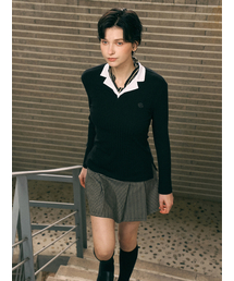 オープンカラー配色ゴルジTシャツ-BLACK