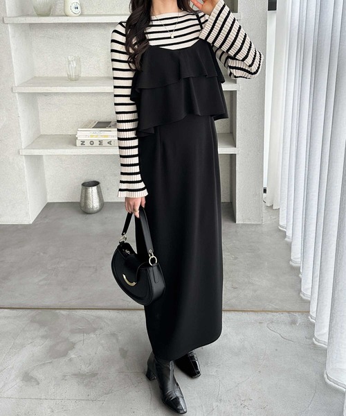 GeeRA（ジーラ）の「【S-LLサイズ展開】春夏にぴったり！楽ちんすっきり見せ！フリルキャミワンピース（ワンピース・レディース・ドット/ベージュ/ブラック・X-LARGE/LARGE/MEDIUM/SMALL）」の8枚目の写真