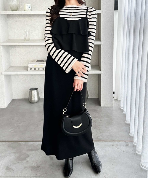 GeeRA（ジーラ）の「【S-LLサイズ展開】春夏にぴったり！楽ちんすっきり見せ！フリルキャミワンピース（ワンピース・レディース・ドット/ベージュ/ブラック・X-LARGE/LARGE/MEDIUM/SMALL）」の5枚目の写真