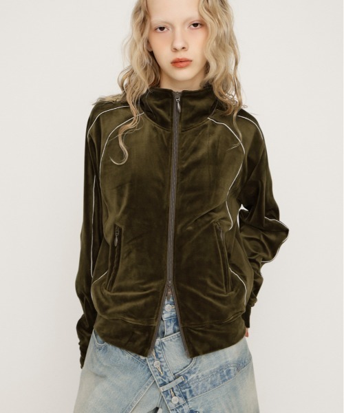 SLY(スライ)の「VELOUR TRACK JACKET ベロア トラックジャケット 春服(ブルゾン・レディース・ブラウン/ネイビー/カーキ・FREE)」の2枚目の写真