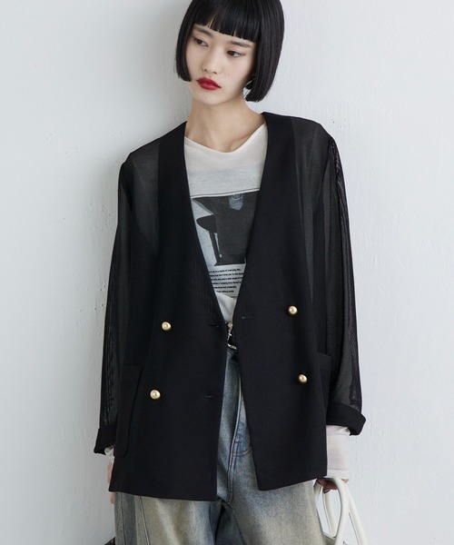 Lui's（ルイス）の「メッシュノーカラージャケット（テーラードジャケット・レディース・チャコールグレー/ブラック/ベージュ・FREE）」の2枚目の写真