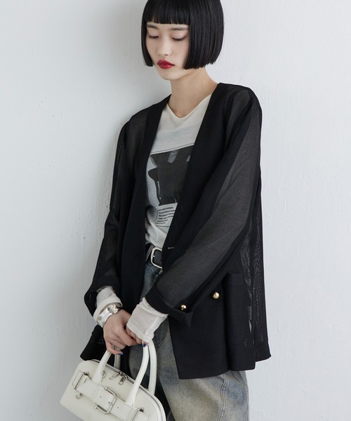 Lui's（ルイス）の「メッシュノーカラージャケット（テーラードジャケット・レディース・チャコールグレー/ブラック/ベージュ・FREE）」の8枚目の写真