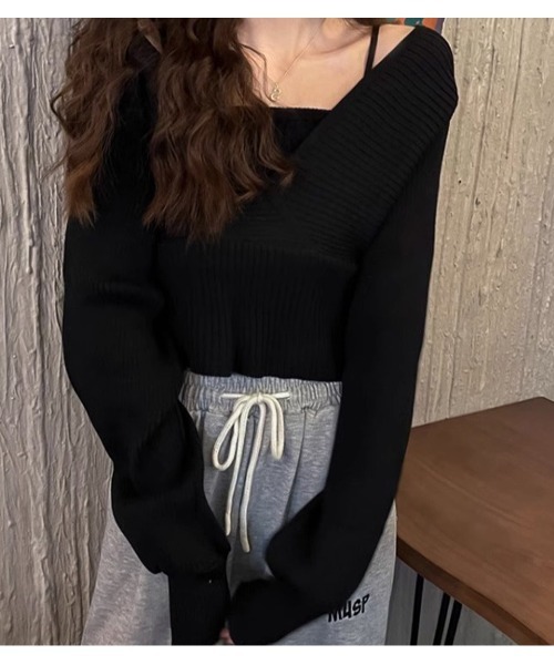 SallyLunn(サリーラン)の「フェイク2ピーススクエアネックニット(ニット/セーター・レディース・ピンク/ブラック/ホワイト・FREE)」の7枚目の写真