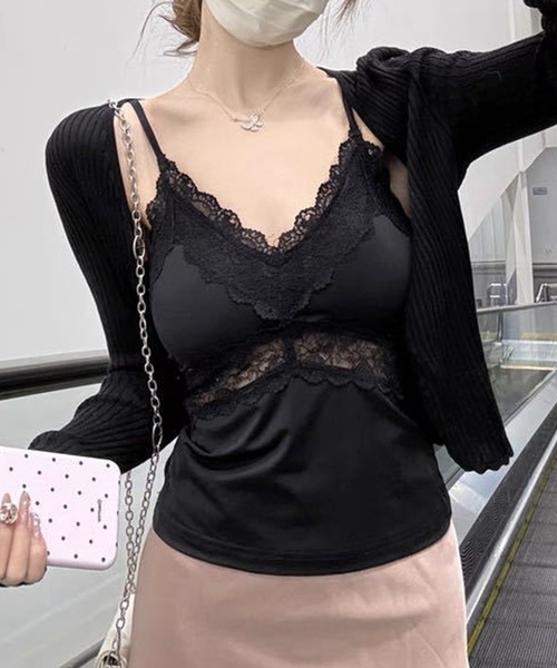 Lace Ladies(レースレディース)の「ソリッドカラー 配レース Vネック カップ付き キャミソール(キャミソール・レディース・ブラック/ホワイト・FREE)」の6枚目の写真